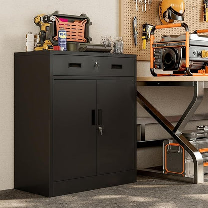 BESFUR Metal Storage Cabinet, Garage Storage Cabinet with One Drawer and Adjustable Shelf, Locking Short Storage Cabinet for Office Garage Home, Black Metal Cabinets(36" H x 27.5" W x 16" D)