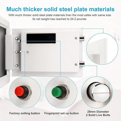 TIGERKING Biometric Fingerprint Home Safe, 1.2 Cubic Feet Digital Security Safe Lock Box, Quick-Access Small Safes for Cash, Jewelry, Document, White