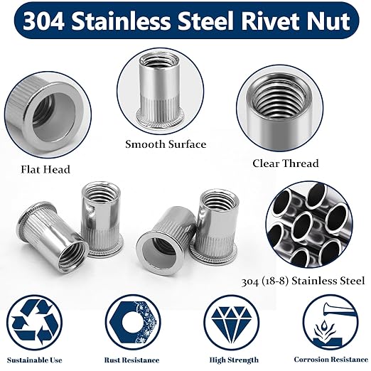 SAE Rivet Nut Assortment Kit(220 Pcs),#8-32#10-24 1/4"-20 5/16"-18 3/8"-16 304 Stainless Steel Flat Head Rivnut Set,Rivnut Threaded Insert Nut