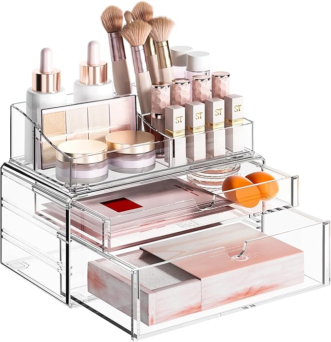 Delamu 3-Tier Clear Makeup Organizer with Drawer, Acrylic Cosmetic Display Case for Makeup Vanity Bathroom Counter Organizers and Storage, Stackable Vanity Organizer for Brushes Lipsticks Skincare