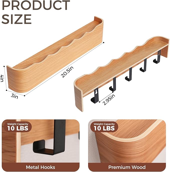 Wall Coat Rack Floating Shelves Modern Coat Rack Wall Mount with Storage Entryway Shelf Wooden Hanger 20 Inch 4 Hidden Metal Hooks for Living Room Bedroom (Wavy Oak, 5 Hooks)