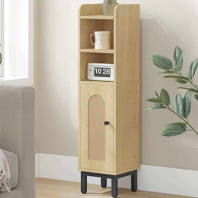 Bathroom Storage Cabinet, Small Corner Floor Cabinet with Door and Shelves, Narrow Toilet Paper Holder, Bathroom Organizer with Adjustable Shelf, for Small Spaces, Rattan Yellow BC08202Y