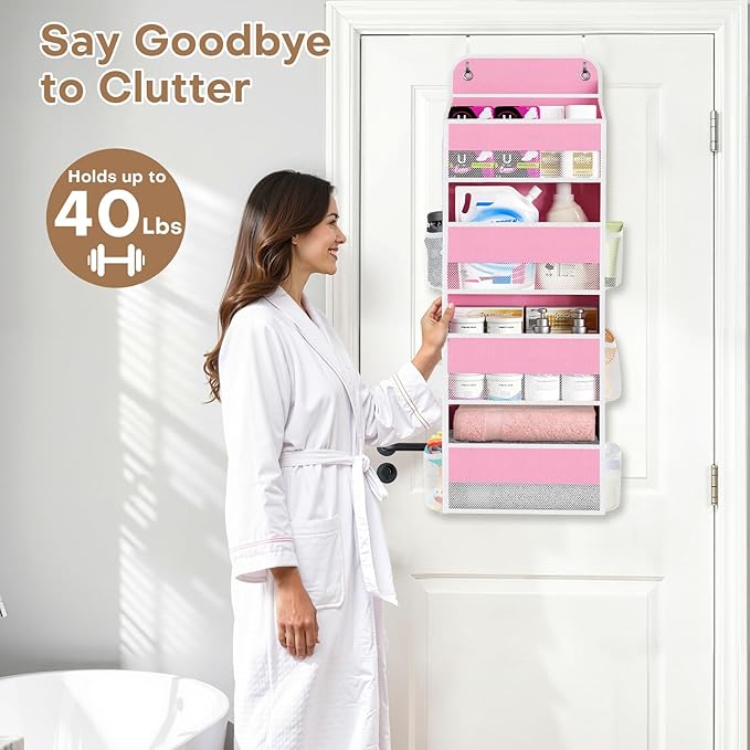 SpaceWhisper Over the Door Organizer, 4 Large Pocket Hanging Storage Organizer with 40lb Capacity, Space Saving for Nursery, Bathroom, Bedroom, Closet - Baby Essentials & Toiletry Organizer (Pink)