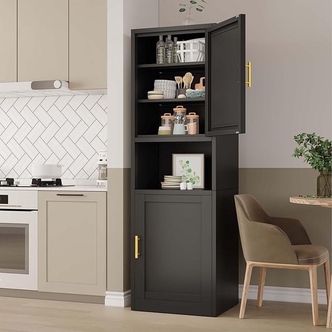 67" Tall Narrow Storage Cabinet Metal Bathroom Cabinet with 2 Doors & 4 Adjustable Shelves, Standing Pantry Cabinets Cupboard for Kitchen, Dining Room, Living Room and Bathroom (Black)