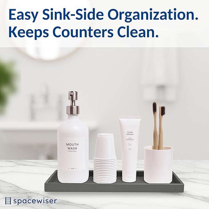 Countertop and Vanity Tray - 2 PC Large 11.7" Silicone Bathroom Trays, Counter Organizer, Dish Soap Sponge Holder Kitchen Sink Tray Organizer, Sink Caddy Toothbrush Key Kitchen Soap Trays