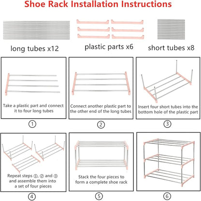 Stackable Small Shoe Rack, Entryway, Hallway and Closet Space Saving Storage and Organization (3-Tier, Pink)