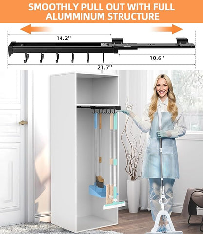 Pull Out Broom Holder With Adjustable Double Row Sliding Hook, Multifunctional Slide Broom And Mop Storage/Organizer Garage Organization Hooks, for Closet Laundry Garage Cupboard Kitchen