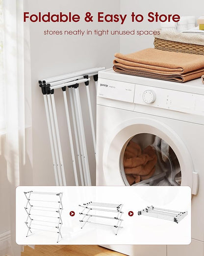 Foldable Clothes Drying Rack – Metal Laundry Drying Rack with Non-Slip Feet, 3-Tier Space-Saving Clothing Rack for Organization, Indoor & Outdoor Use, 11.4"D x 29.1"W x 37.4"H, White and Black