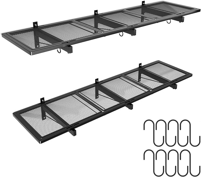 2 Pack Garage Wall Shelving,46"X 12.5" Garage Shelving Wall Mounted,Heavy Duty Garage Storage Rack with 8 Hooks,320 LBS Capacity,Black Metal Floating Organizer Shelves for Laundry,Warehouse (2)