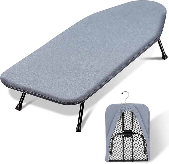 SheeChung Small Ironing Board Tabletop 12"x32",Mini Table Top Ironing Board with Heat Resistant Cover and Thick Pad,Foldable Space Saving Iron Board with Non-Slip Feet for Dorms Travel Use,Grey Blue