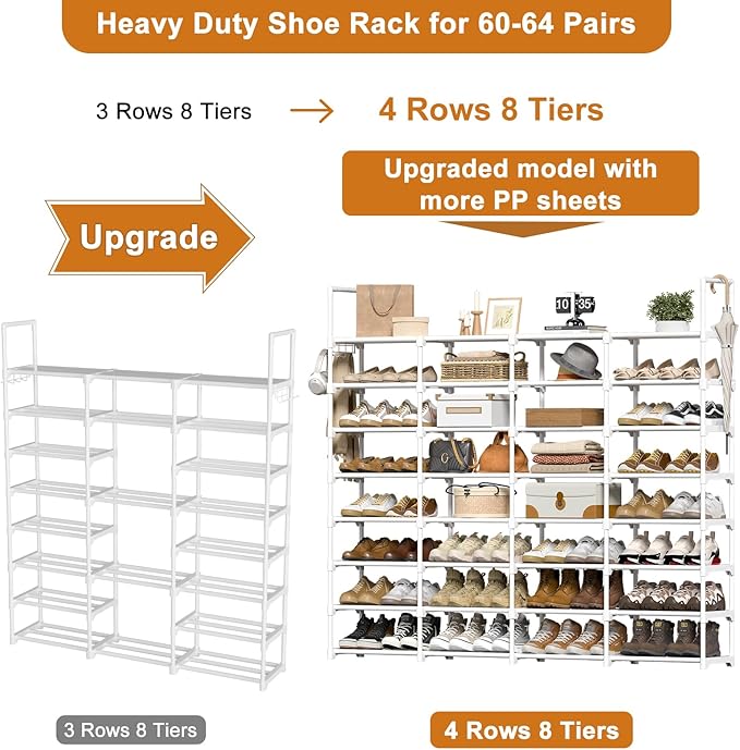 WOWLIVE Extra Large Shoe Rack, 4 Rows 8 Tier 56-64 Pairs Big Tall Metal Shoe Organizer, Stackable, Large Capacity Boot Rack Storage Organizer for Entryway, Closet, Garage, White