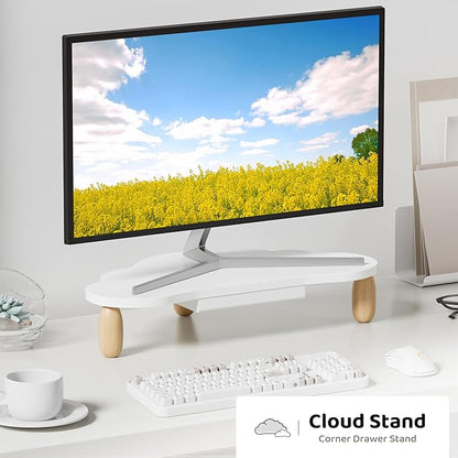 Monitor Stand Riser,Cloud-Shaped Sturdy Wood 16.5In Computer Monitor Riser Wirh Drawer, Multi-Purpose Desktop Organizer Riser for Computer,Laptop,Printer,TV,White