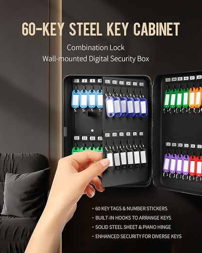 Uniclife 60 Position Key Cabinet with Combination Lock Resettable Black Digital Security Storage Box Steel Key Organizer with Colorful Key Tag Labels Stickers and Hooks