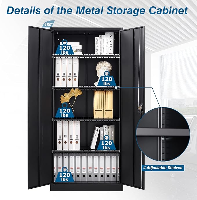 Metal Garage Storage Cabinet, 71" Tool Cabinet with 4 Adjustable Shelves, Metal File Cabinets with Lockable Doors for Garage, Home Office, Gym, School, Utility Room (Black, Assemble Required)