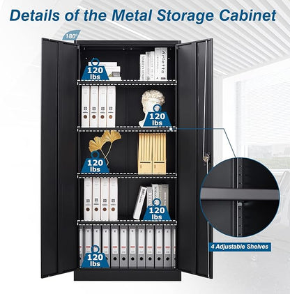 Metal Garage Storage Cabinet, 71" Tool Cabinet with 4 Adjustable Shelves, Metal File Cabinets with Lockable Doors for Garage, Home Office, Gym, School, Utility Room (Black, Assemble Required)