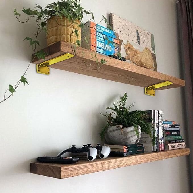 Premium Heavy Duty Shelf Brackets – 0.2In Thick Gold L Shape Shelf Bracket, Hidden Steel Brackets for Shelves - 8 Inch Heavy Duty Floating Shelf Hardware (6Pcs)