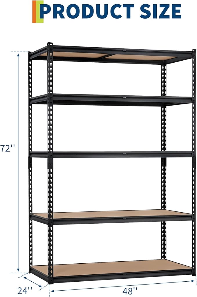 Garage Storage Shelves 5 Tiers, Heavy Duty Storage Shelving Racks with 2500 LBS Capacity, 48 " L x 24 in W x 72 in H Metal Adjustable Shelving Unit for Kitchen Pantry Basement Bathroom Laundry