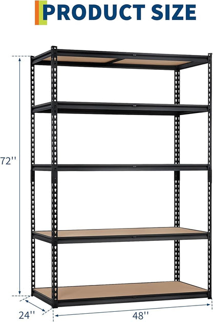 Garage Storage Shelves 5 Tiers, Heavy Duty Storage Shelving Racks with 2500 LBS Capacity, 48 " L x 24 in W x 72 in H Metal Adjustable Shelving Unit for Kitchen Pantry Basement Bathroom Laundry