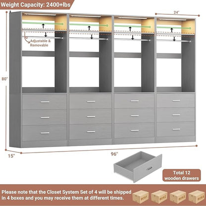 8FT Closet System with 4 Motion Sensor LED Lights, 96" Closet Systems with 12 Drawers, Closet Organizer System with 4 Hanging Rods & 4 Shelves, Heavy Duty 96 Inch Walk-in Closet, Grey