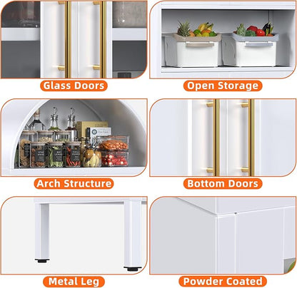 Metal Arched Pantry Cabinet with Glass Doors, Tall Arched Kitchen Pantry Cabinet for Kitchen Home Living Room,White,Required Assembly