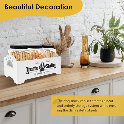 Dog Treat Container with 3 Plastic Treat Jars Wood Dog Food Container with Handles Dog Food Storage Container Decorative Cat Food Container for Dog Food Storage (White)