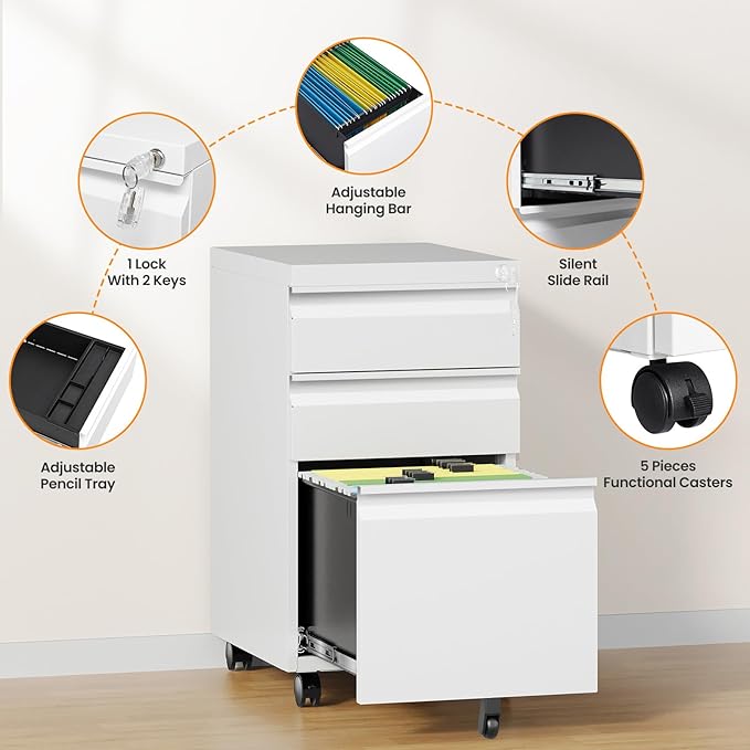 3 Drawer File Cabinet, Fully Assembled Mobile File Cabinets with Lock for Home Office, Metal Rolling Filing Caninet on Wheels, Three Drawer Under Desk Cabnet for Letter/Legal / A4 - White