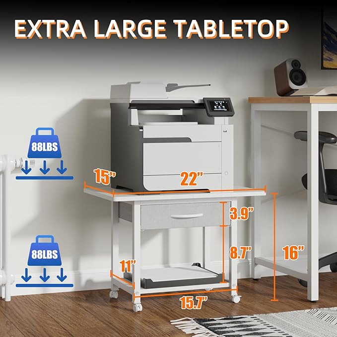 YAOHUOO 22"x15" Large Printer Stand with Storage Drawer, 2-Tier Under Desk Table for Home Office, Fits Fax Machine/3D Printer/Scanner (White)
