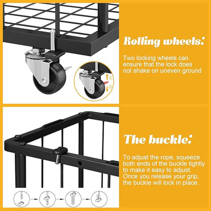 Large Garage Ball Storage, Rolling Floor Sports Equipment Organizer: Freestanding Ball Rack with Elastic Rope–, Ball Holder for Basketball, Soccer, Football, Volleyball, Garage, Gym, Black