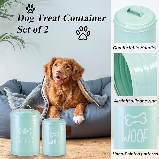 Dog Treat Container Airtight, Dog Treat Jar Set of 2 with Lid - 9x5.5''&7x4'' Metal Dog Cookie Jar for Farmhouse Kitchen Counter, Green Pet Treat Container, Dog Treat Storage Container for Dogs, Cats