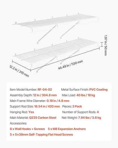 VEVOR Wire Shelf Kit, 4 ft, Set of 2, Wall Mounted Wire Shelves, Heavy-Duty Carbon Steel Hanging Shelf, Floating Wall Storage Shelves with Dip Coating, for Closet, Bedroom, Living Room, Office, Pantry