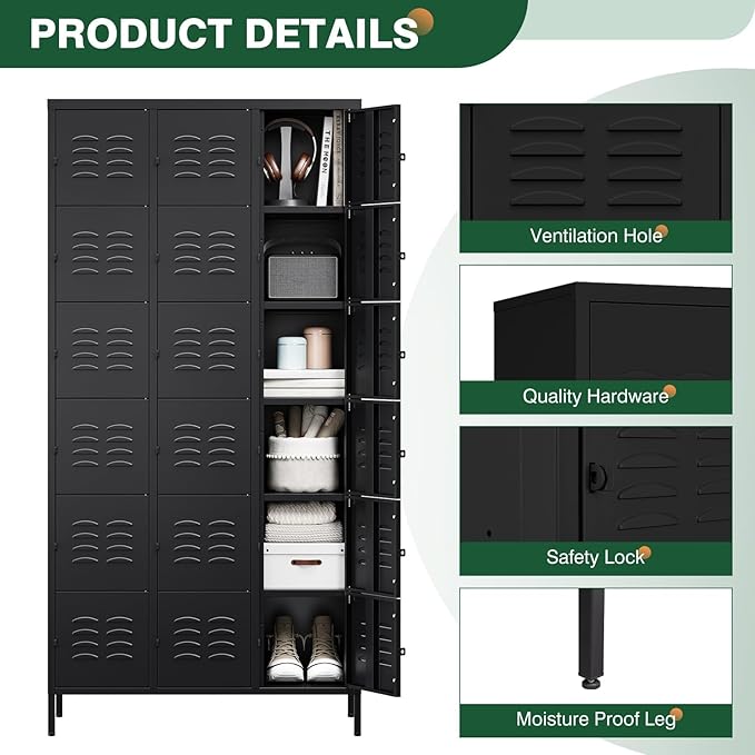Letaya Metal Lockers for Employees-18 Door Storage Locker with Shelves and Lockable Steel Cabinet for School,Gym,Office,Staff (Black, 18 Door)