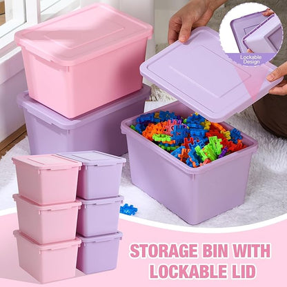 6 Pack Cute Plastic Storage Bins with Lids Decorative Stackable Storage Boxes 9.8" ×7.3" ×5.7" Small Storing Totes for Organizing Craft Office Supplies (Pink,Purple)
