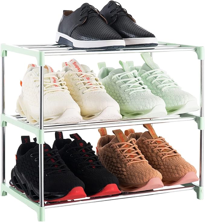 3-Tier Stackable Small Shoe Rack, Lightweight Shoe Shelf Storage Organizer for Entryway, Hallway and Closet(Green)