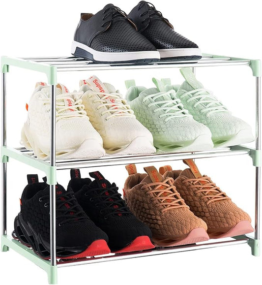 3-Tier Stackable Small Shoe Rack, Lightweight Shoe Shelf Storage Organizer for Entryway, Hallway and Closet(Green)