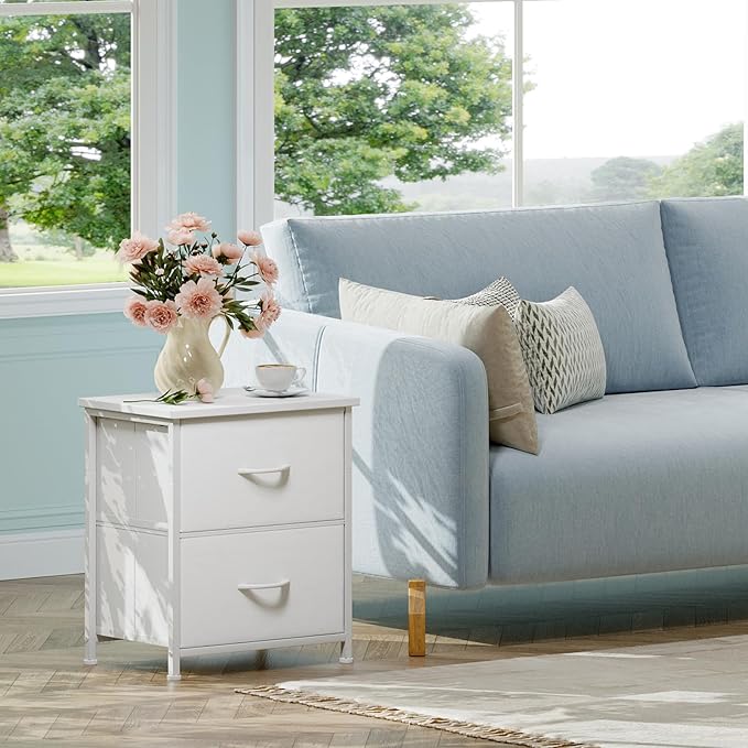 Somdot Nightstand, Small Dresser for Bedroom with 2 Drawers, Bedside Table Night Stand End Table with Fabric Bins for Bedroom Kids Closet Dorm Guest Room, White Leather