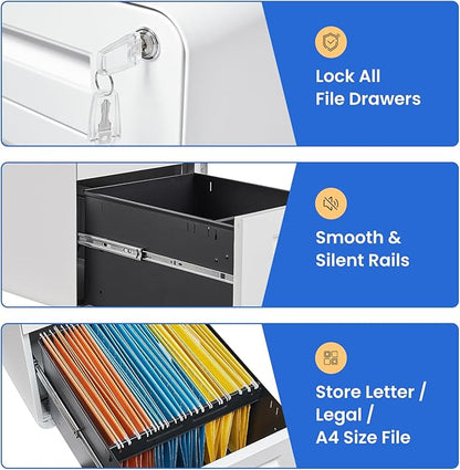 MIIIKO Mobile Filing Cabinet 3 Drawer, White Small File Cabinet with Lock Under Desk, Filing Cabinets for Home Office with Wheels, A4/Letter/Legal Hanging File Folders