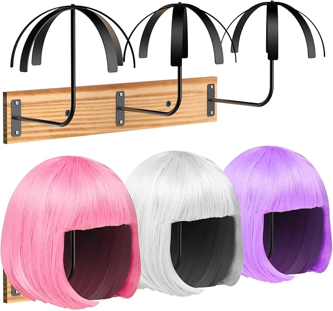 Hanging Wig Stand for Multiple Wigs, 6 PCS Wall Mounted Wig Hanger Holder, Durable Wig Storage Organizer Rack for Display, Storage, Styling, Drying (Carbon Steel and Wood)