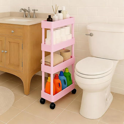 ShellKingdom 4 Tier Bathroom Storage Organizer, Slim Rolling Storage Cart for Narrow Space, Mobile Shelving Unit with Lockable Wheels and Hooks for Bathroom, Kitchen, Laundry Movable Shelf (Pink)