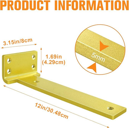 Floating Shelf Brackets 12 inch 4 Pack L Brackets for Shelves Gold Metal Heavy Duty Shelf Bracket for DIY Decorative with Mounting Hardware