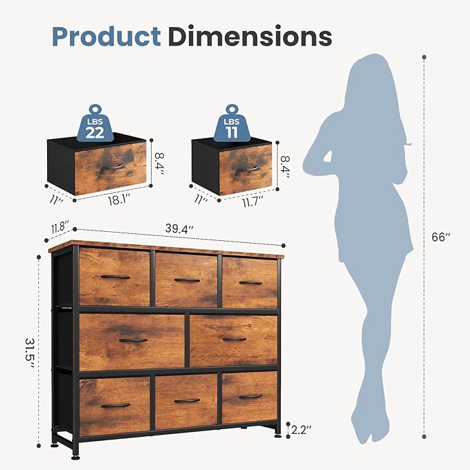 DUMOS TV Stand, Dresser with 8 Fabric Drawers, Spacious Storage Tower for Closet, TV Stand with Wood Top and Mental Frame, Storage Unit for Living Rooms, Bedroom and Entryway, Brown