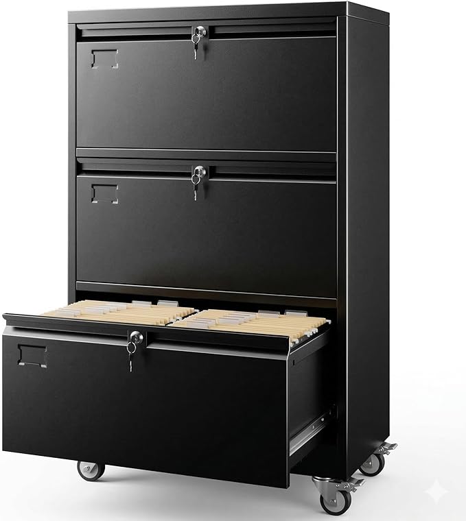 Aobabo 3 Drawer Lateral File Cabinet with Wheels, Lockable Metal Filing Cabinet for Home Office, Legal/Letter Size,Black,Required Assembled,15.87" D x 28.94" W x47.63 H