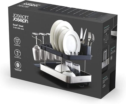 Joseph Joseph Dish Drying Rack with Wine Glass Holder - Space-Saving 2-Tier Design with Fast Draining System