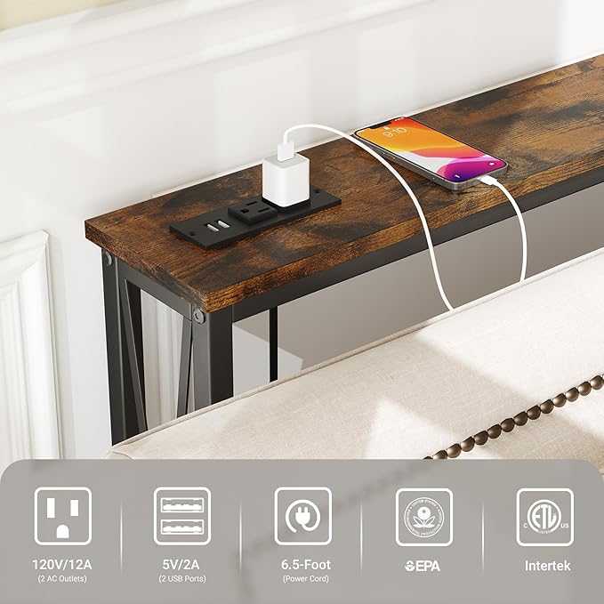 ELYKEN 5.9" Narrow Console Sofa Table with Power Outlets, 5.9" Dx70.9 Wx31.5 H Long Skinny Behind Couch Table with Charge Station and 6.5'Extension Cord, Rustic Brown