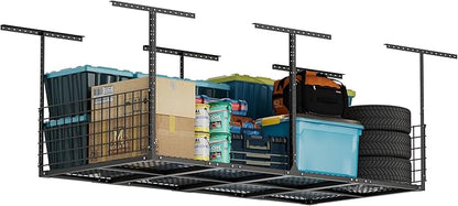 GIOTORENT Garage Ceiling Storage Racks, 96" W x 48" D x 22-42" H Overhead Garage Storage Rack, Heavy-Duty Carbon-Steel 700lbs Rating, Adjustable Mounted Rack System with Side Guards