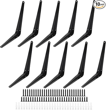Lilaly 10 Pack Shelf Brackets 10 Inch Shelf Bracket, Heavy Duty L Brackets for Shelves for Hanging Floating Shelves Brack with Screws and Wall Anchors(8"x10",Black)