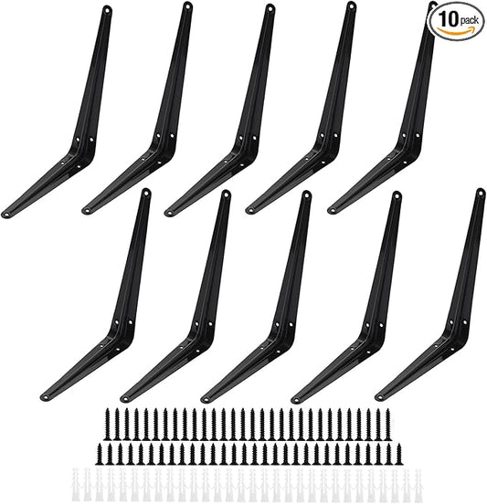 Lilaly 10 Pack Shelf Brackets 10 Inch Shelf Bracket, Heavy Duty L Brackets for Shelves for Hanging Floating Shelves Brack with Screws and Wall Anchors(8"x10",Black)