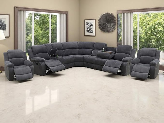 Recliner Sofa Couch and Chair with Cup Holders, Dark Grey Corduroy Reclining Sectional Sofa Set, Living Room Funiture Sets with Drop-Down Table, Storage Console for Living Room, Home Theatre