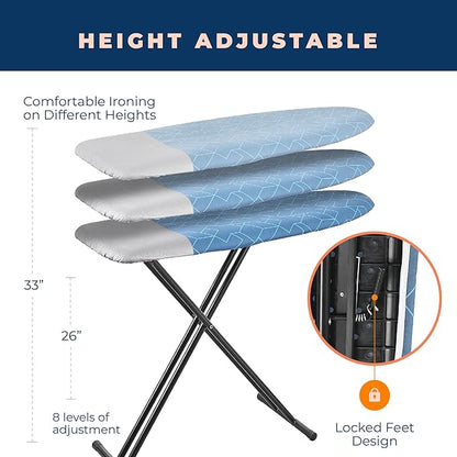 Ironing Board, Compact and Space Saver Foldable Iron Board, Safety Ironing with Park Zone and 3 Layers Extra Thick Cover, Adjustable Height, Easy Storage with Smart Hanger and Lightweight Design
