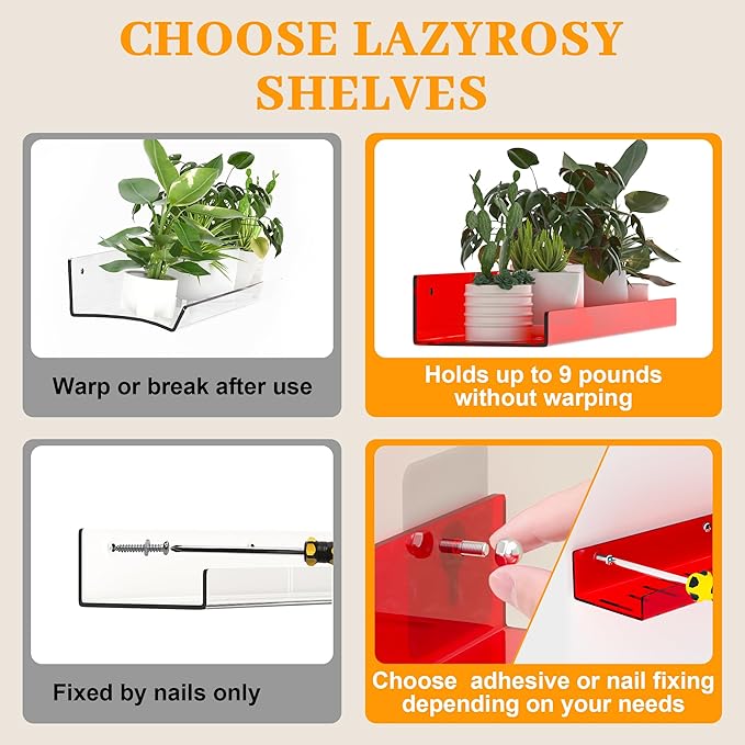 2 Pack Floating Shelves–15'' Red Acrylic/PET Wall-Mounted No Drill Storage with Adhesive, Bathroom & Bedroom Shelving for Kitchen, Living Room, Home Decor