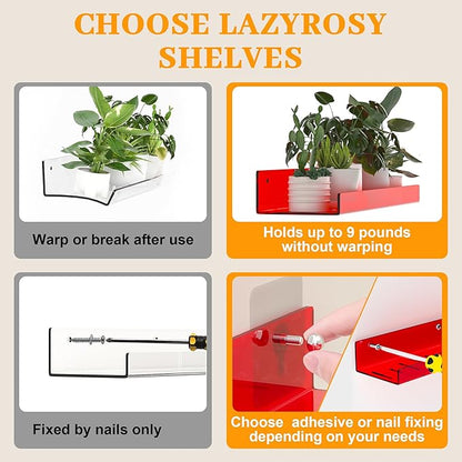 2 Pack Floating Shelves–15'' Red Acrylic/PET Wall-Mounted No Drill Storage with Adhesive, Bathroom & Bedroom Shelving for Kitchen, Living Room, Home Decor